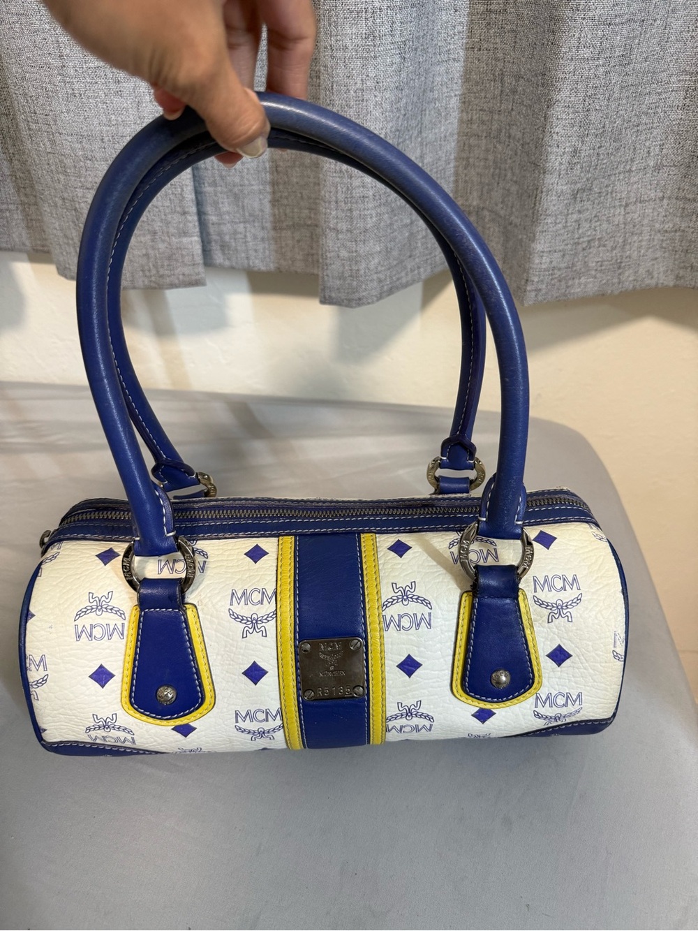 MCM White boston Mini Bag with Blue and Yellow Trim